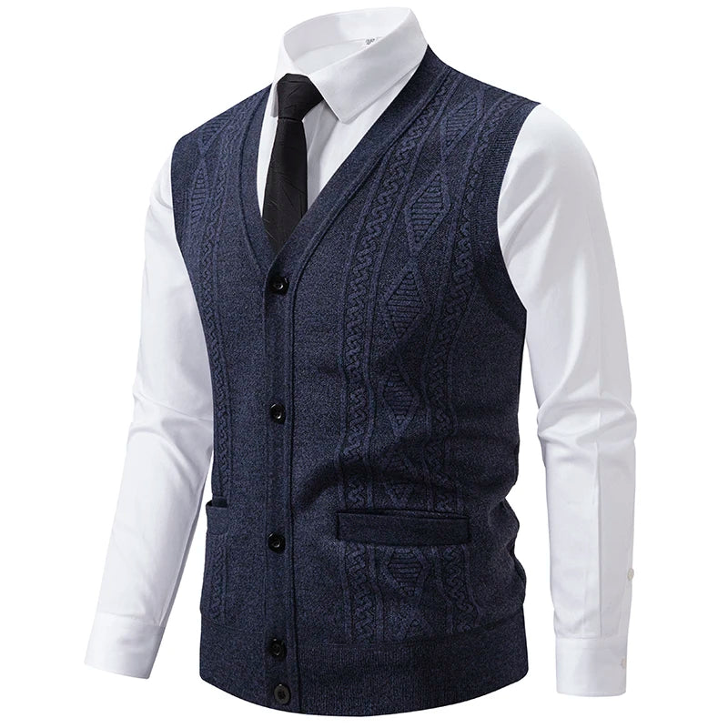 Autumn Winter Warm Slim Fit Knit Vests Men V-Neck Solid Color Smart Casual Knitted Waistcoat Mens Geometric Sleeveless Knit Vest