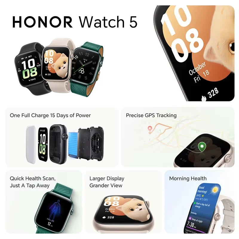 Global Version HONOR Watch 5 Smartwatch Precise GPS Tracking Quick Health Scan 1.85-inch Large Display GPS Supported IP68