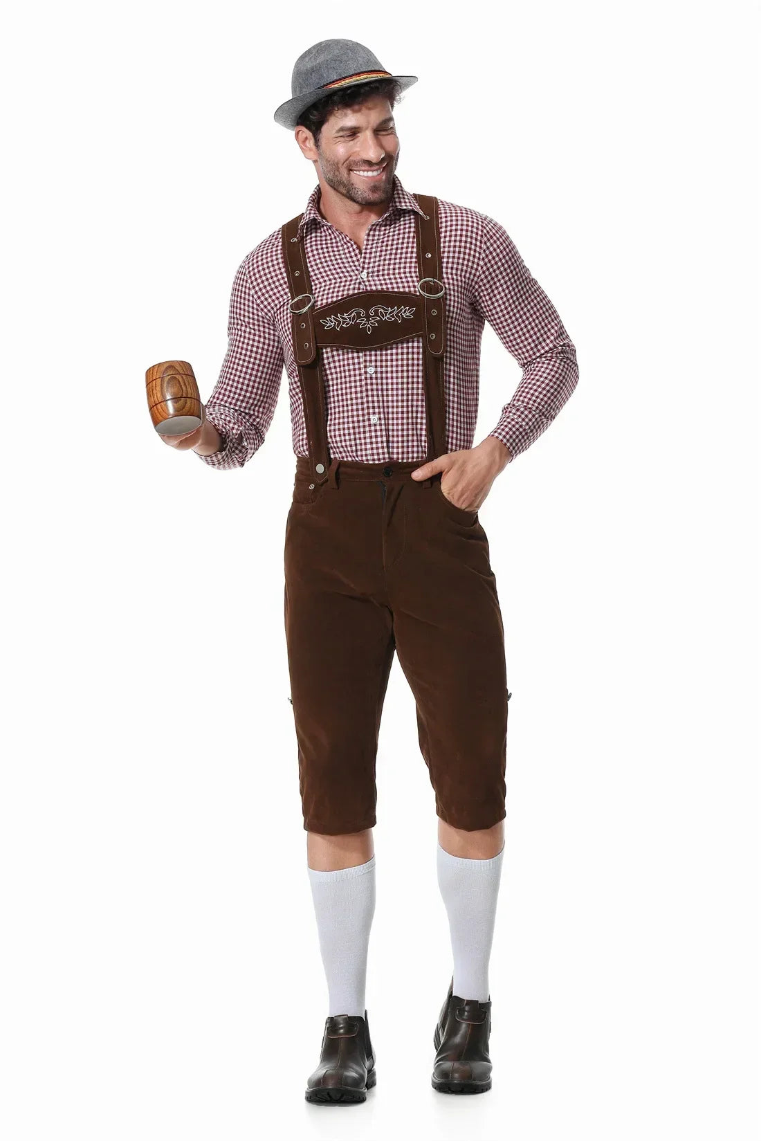 M-XXL Men Bavarian Oktoberfest Lederhosen Costume for Cosplay German Beer Festivals Suspenders Rompers Shirt Hat Set Outfit