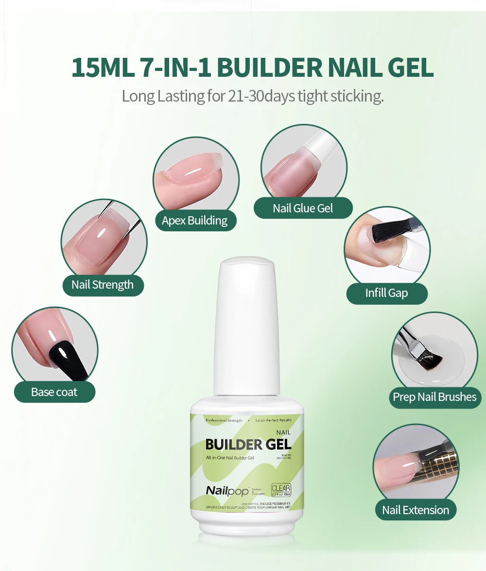 Nailpop 15ml Builder Gel Nail Polish for Nail Apex & Extension Strengthener Upgraded Soak Off UV Gel Rhinestone Glue 4 Colors