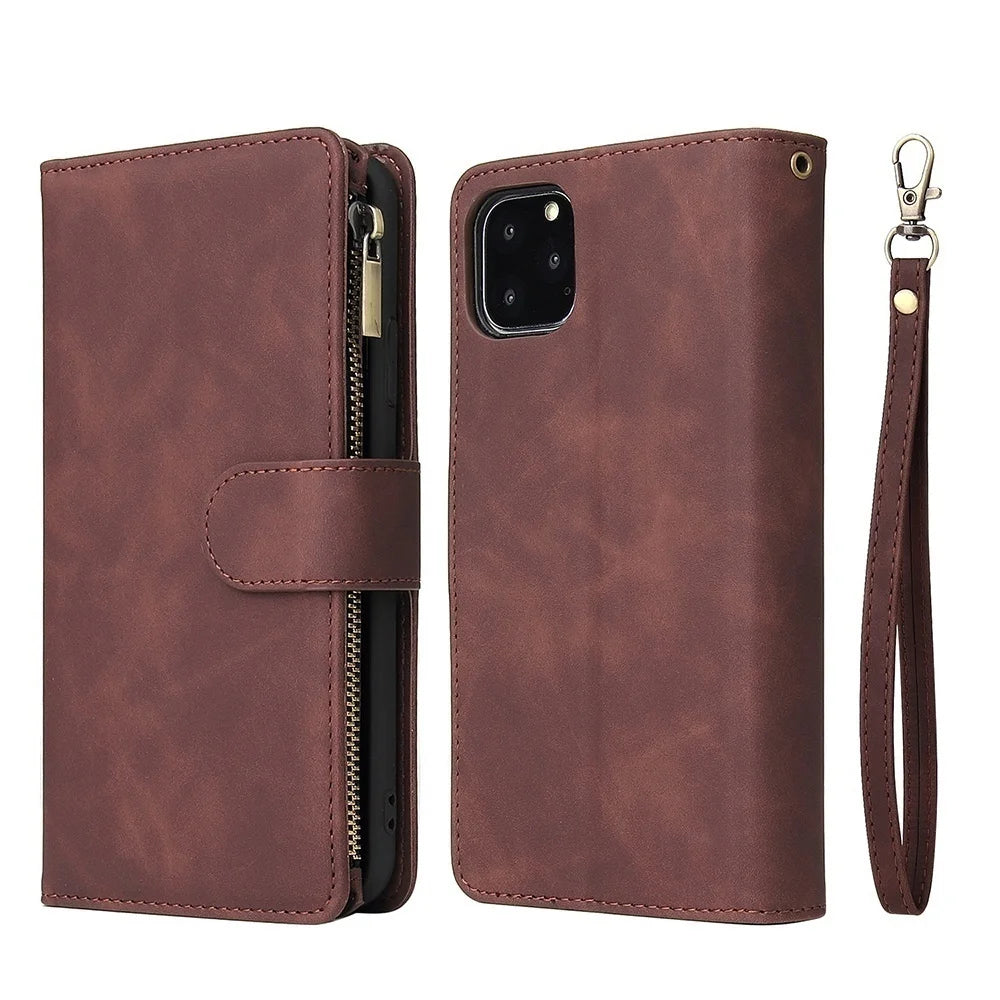 Premium Leather Wallet Case For iPhone 16 15 14 13 12 11 17 Pro Max Plus 17Air 16e Zipper Wallet Card Slots Magnetic Flip Cover