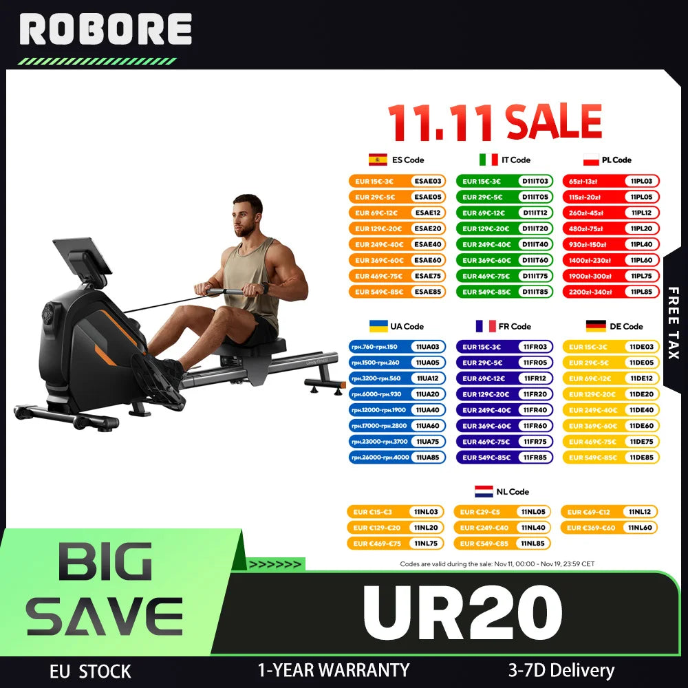 ROBORE UR20 Rower Machine with 126cm Extended Track, 16-Level Magnetic Resistance,160kg Weight Capacity,＜25 dB (Quiet Operation