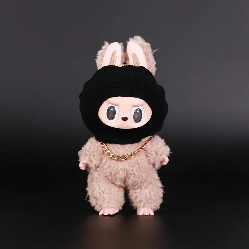 Luxury Tidal Current Labubu Black Hip Hop Mask Knitted Hat Accessories 3-Layer Big Gold Chain Street Fashion Doll Ornaments