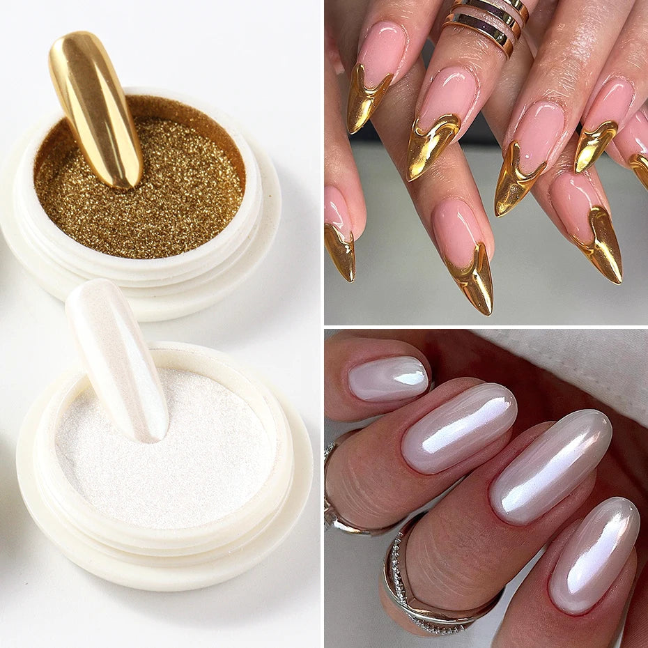 6pcs Chrome Mirror White Nail Powder Pigment Gold Silver Rubbing Holographic Aurora Iridescent Metallic Nail ArtPower Decoration