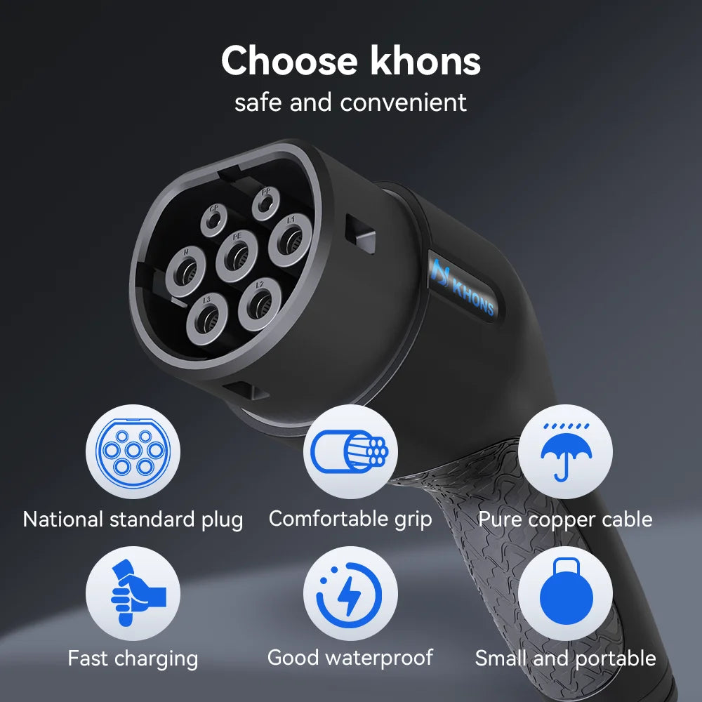 Khons EV Charging Cable Type2 To Type2 Charger Cable 22kw 32A EV Charger Female Plug To Male Plug EVSE Charging 5M TPU Cable