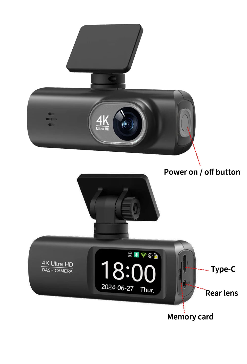 UHD 4K WiFi Dash Cam Dual Lens Driving Recorder Car DVR Optional 1080P Rear Lens Camera GPS 24H Parking Monitoring Black Box