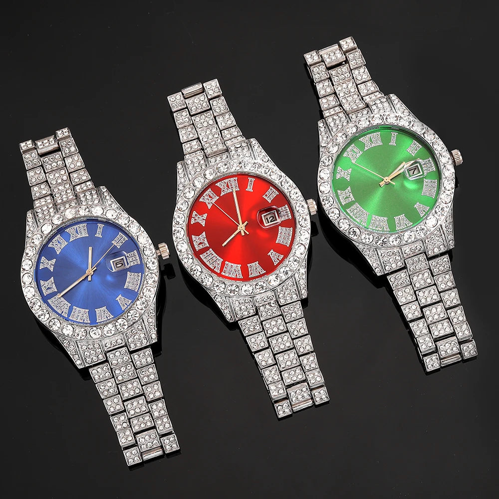 3pcs Men's Silver Watch Set Hip-hop Punk Inlay Diamond Watch+Cuban Chain+Bracelet Comes With Strap Adjuster Stylish Jewelry Gift