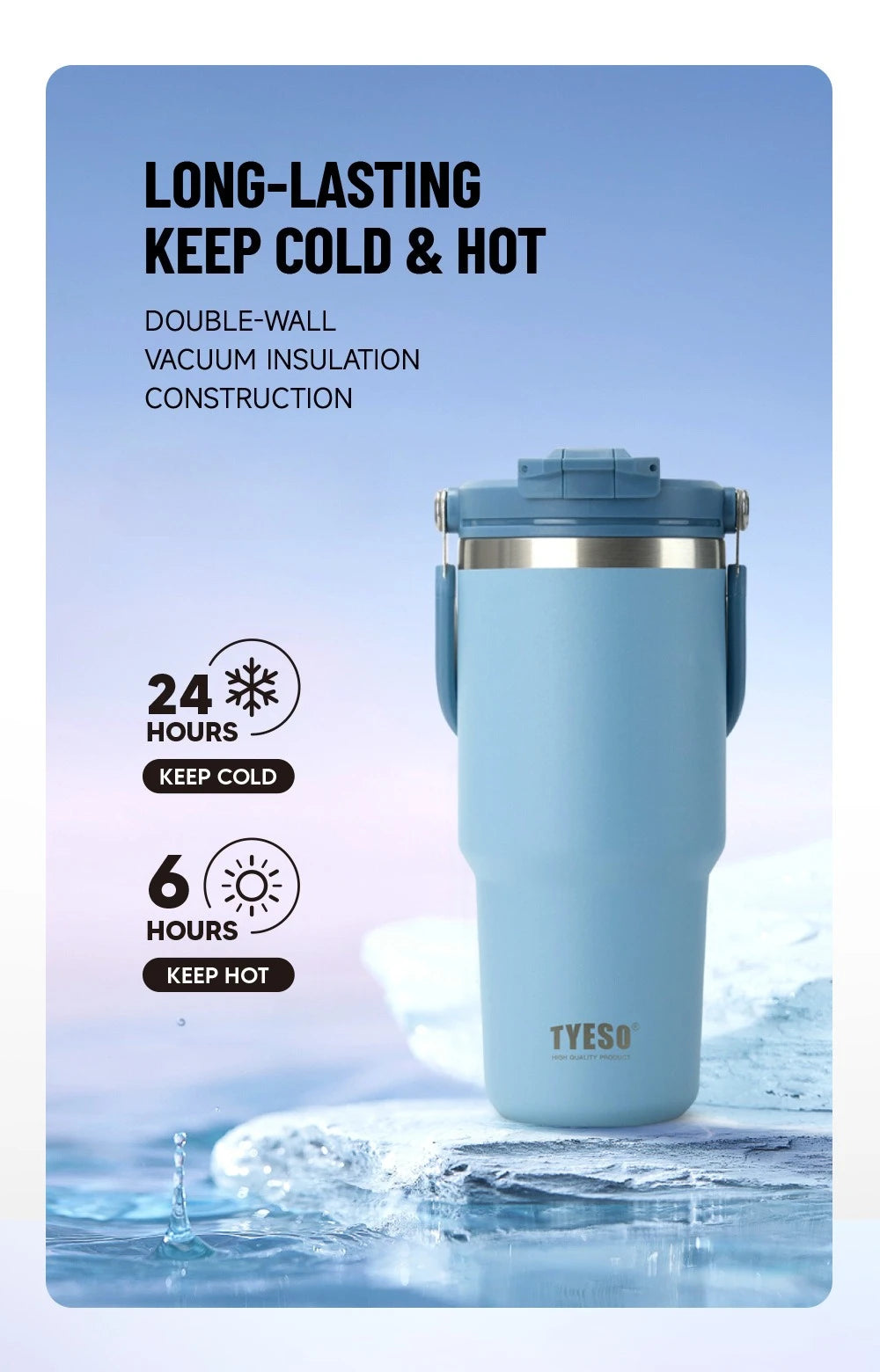 Tyeso Large-Capacity Vacuum Flasks Handle Vacuum Cup Dual-Drink Coffee Mug Stainless Steel Ice Cup Car Bottle Hot Cold Retention