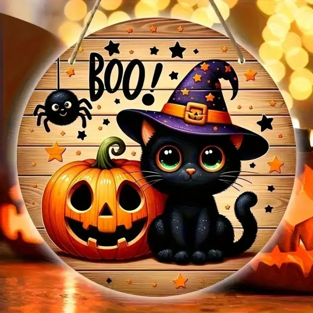 2D Halloween Circular Wooden Sign - Wizard Hat Black Cat and Pumpkin Lantern Pattern, Home, Courtyard, Porch Decoration, Gifts