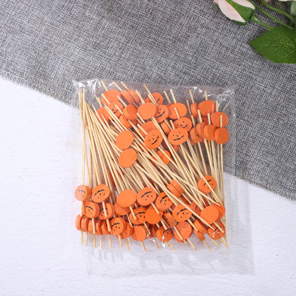 100pcs Halloween Disposable Bamboo Skewers Pumpkin Ghost Fruit Fork Buffet Dessert Cocktail Bamboo Stick Halloween Decoration
