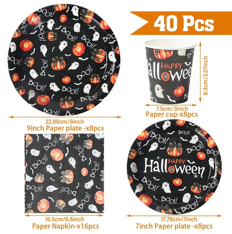 Halloween Disposable Tableware Pumpkin Ghost Boo Paper Plates Cups Napkins Kids Favor Happy Halloween Decoration Trick or Treat