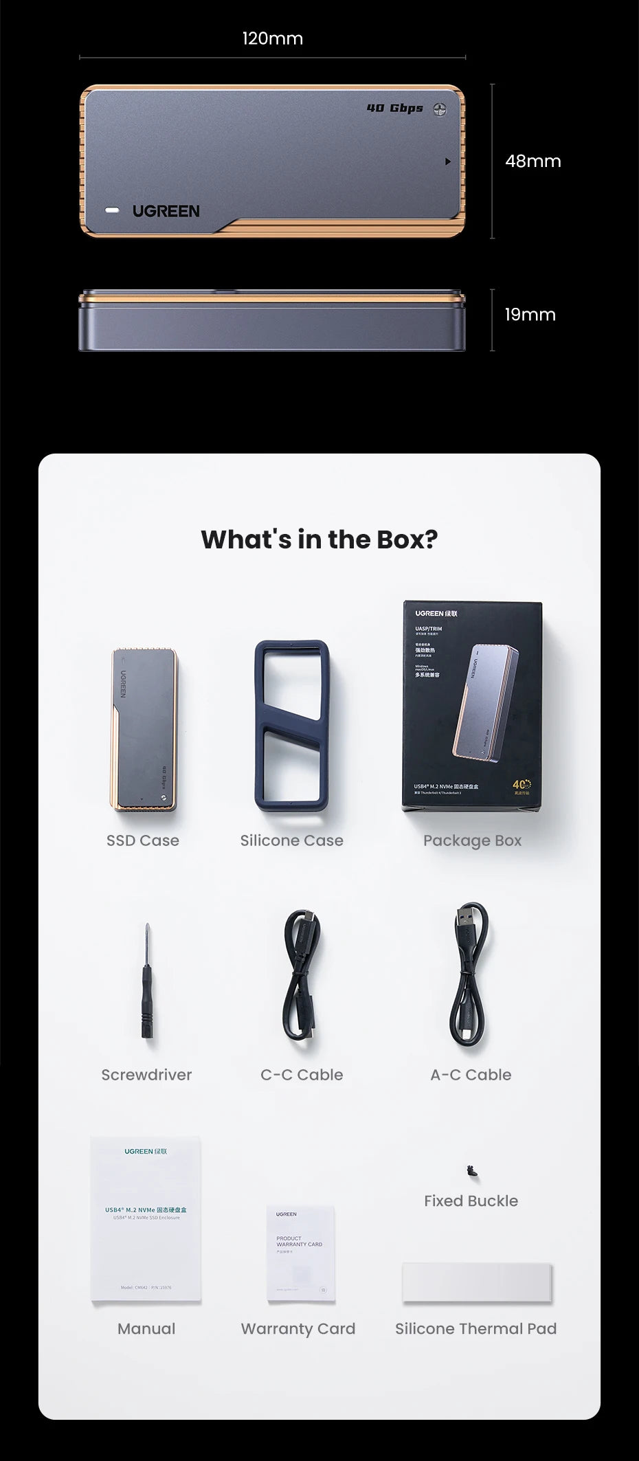 UGREEN 40Gbps NVMe SSD Case SSD Enclosure M.2 to USB4.0 Adapter for M.2 NVME PCIE Built-in Cooling Vest Aluminum Case