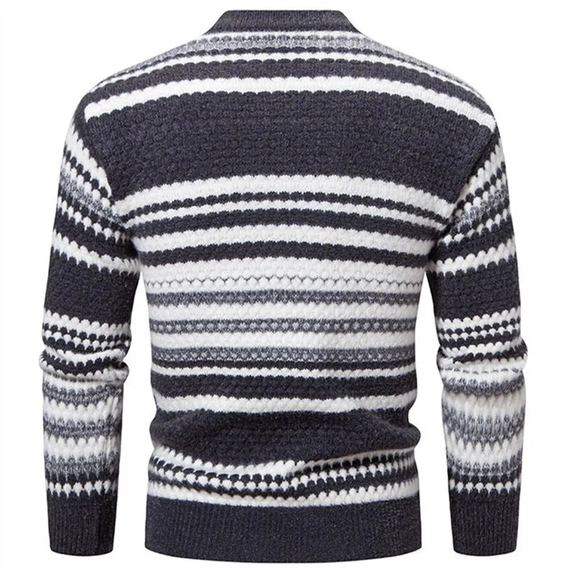 New Autumn Winter Men's Mock Neck Knit Pullovers Fashion Striped Slim Fit Knitted Sweater Men Casual Warm Pullover Knitwear Man