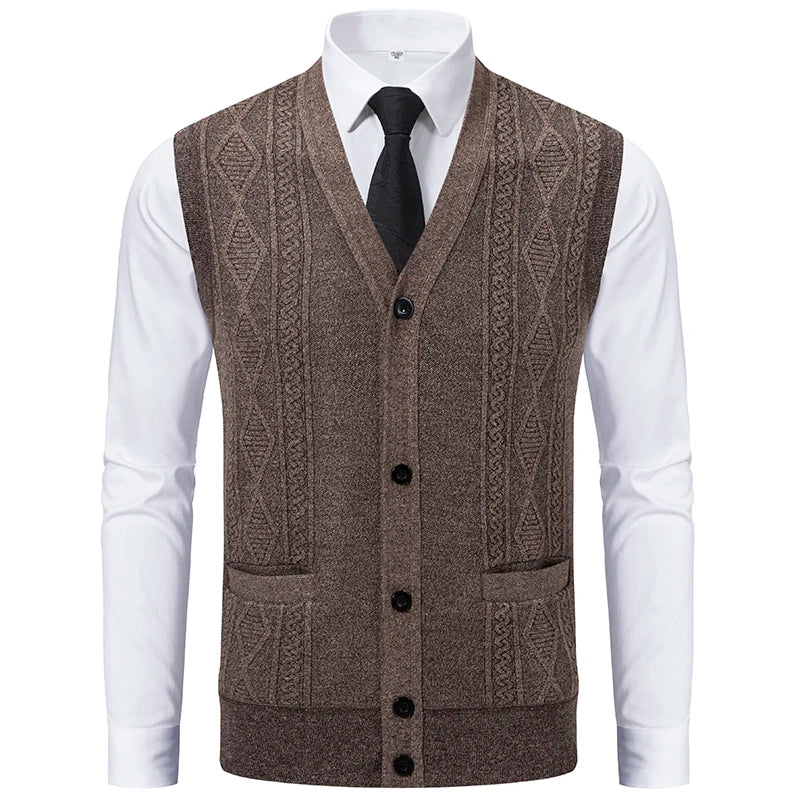 Autumn Winter Warm Slim Fit Knit Vests Men V-Neck Solid Color Smart Casual Knitted Waistcoat Mens Geometric Sleeveless Knit Vest