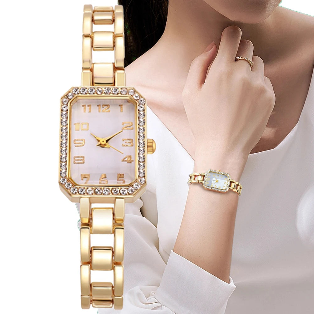 Luxury Women's Watch 2023 New Simple Square Full Diamond Digital Quartz Watch Gold Stainless Steel Bracelet Women's Dress Clock