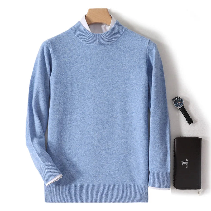 100% Pure Wool Sweater For Men, Half High Neck Knitted Pullover, Long Sleeved Casual Autumn Winter Thick High-End Sweater Warmth
