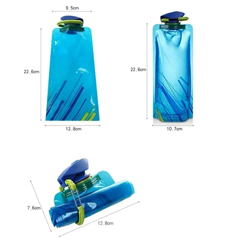 Foldable Water Bottles Flexible Reusable Travel Water Bottle Plastic Water Pouch Soft Flask Water Bag With Carabiner Clip