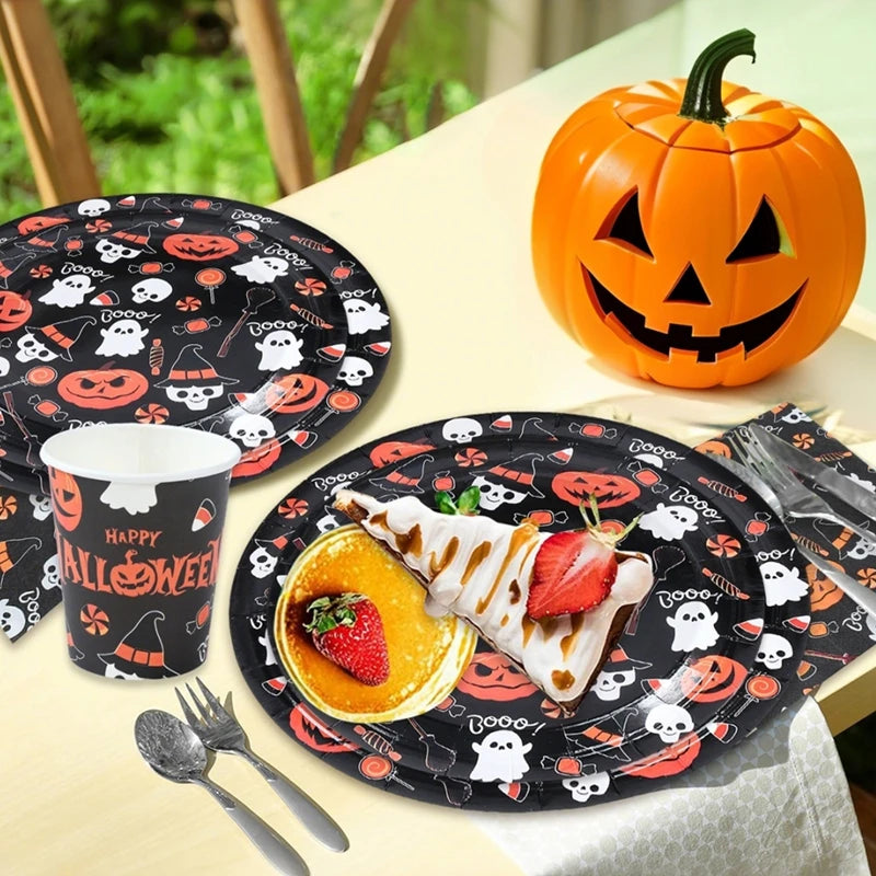 Halloween Disposable Tableware Halloween Party Decoration Spooky Pumpkin Paper Plates Napkins Cups Trick or Treat Party Supplies