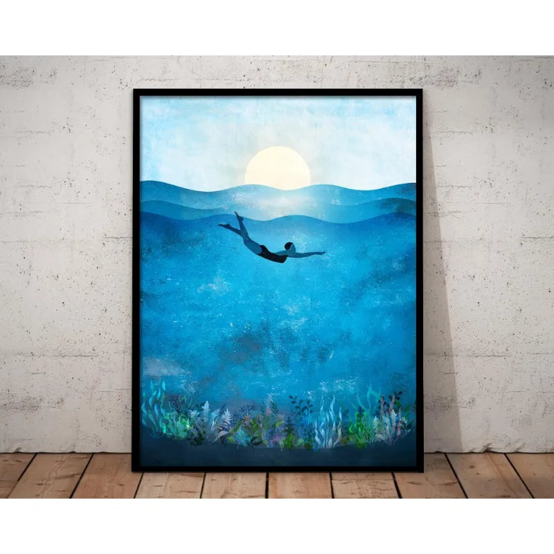 Blue Ocean Canvas Prints Minimalist Nautical Wall Art Wild Swimming Whales Seascape Poster Surfer Waves Picture Home Decor
