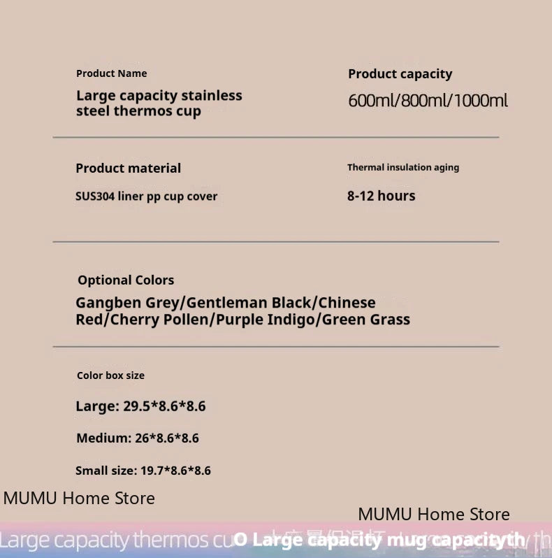 600/800/1000ML Outdoor Thermos Water Bottle Stainless Steel Insulated Cup Keeps Cold and Heat Thermal Mug Travel Vacuum Flasks