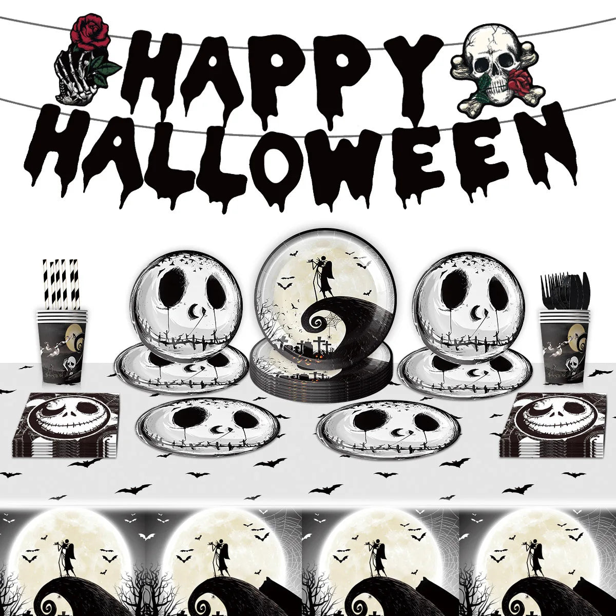 Halloween Tableware Set Horror Themed Disposable Party Tableware Festival Decoration Props Banner Paper Plates Tablecloth Set
