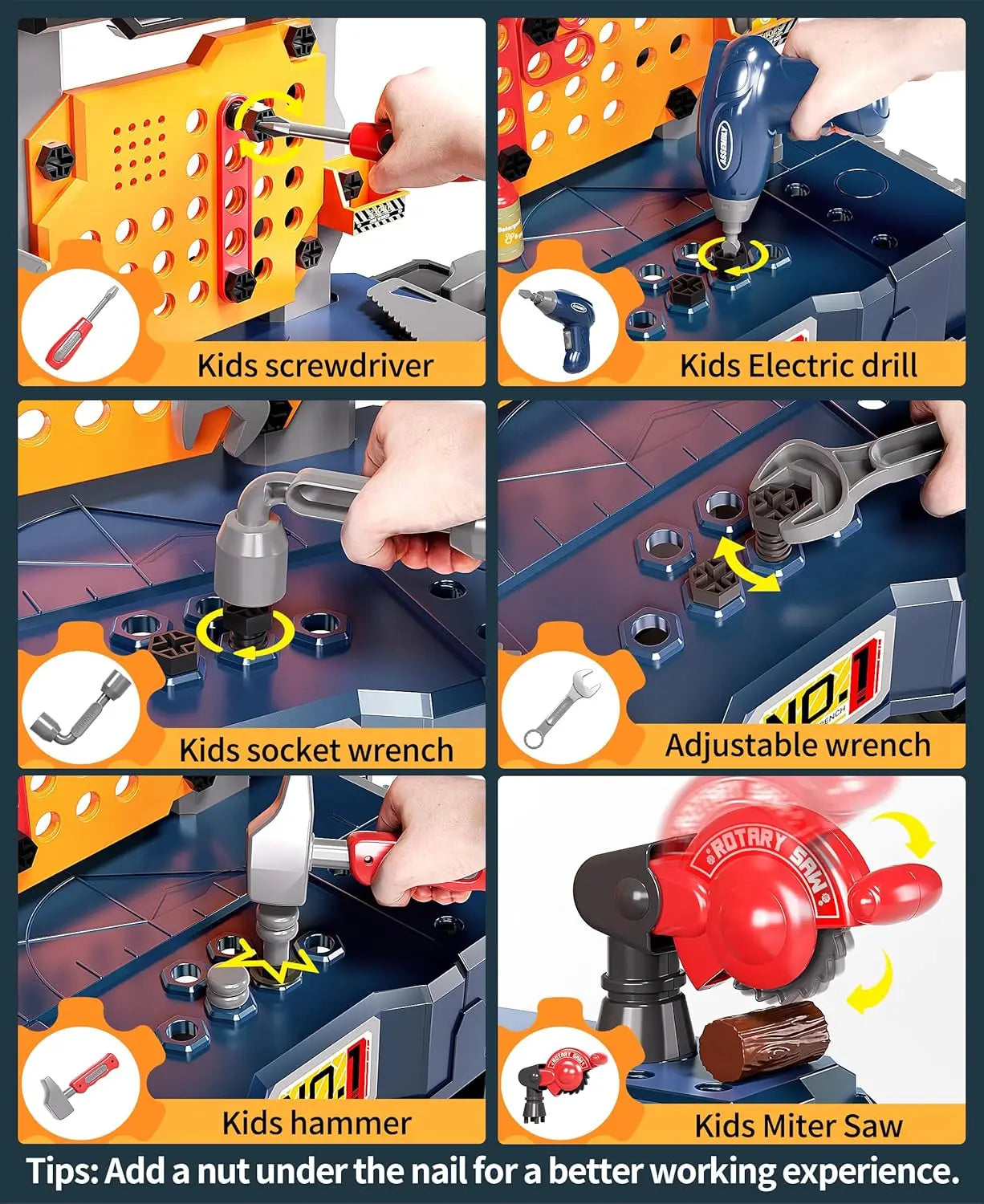 Kids Tool Bench with Realistic and Electric Drill, Construction Workbench Toys for Toddlers 3-5, Toddler Bench Set for Age 3-4