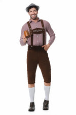 M-XXL Men Bavarian Oktoberfest Lederhosen Costume for Cosplay German Beer Festivals Suspenders Rompers Shirt Hat Set Outfit