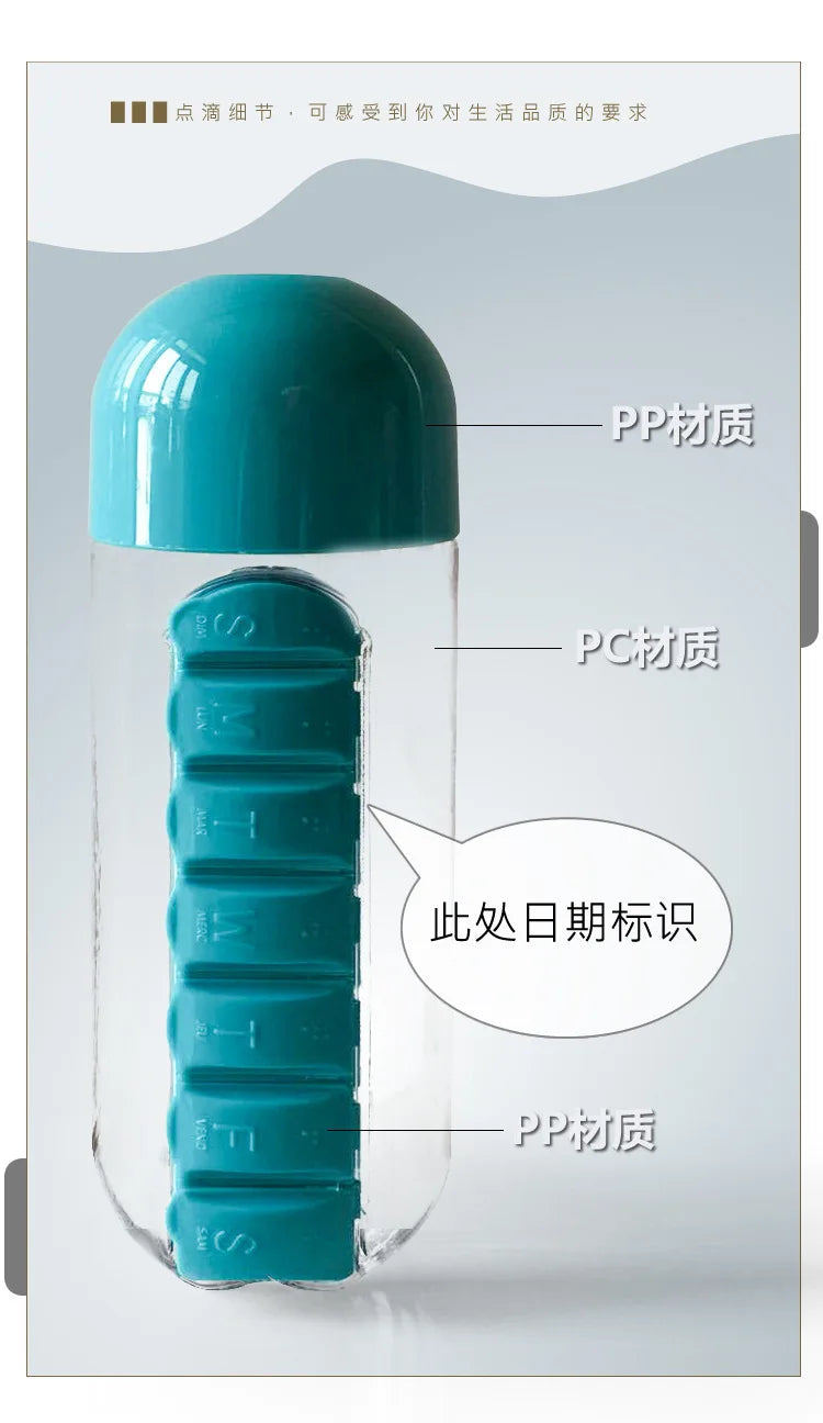 Portable Water Bottle with Built-in Pill Box for Medicines, Vitamins, Perfect for Outdoor, Gym, Fitness, Camping and Traveling