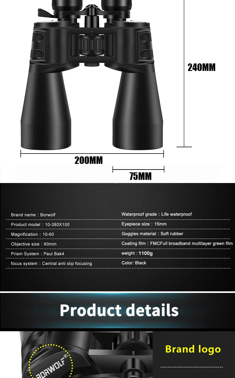 Borwolf 10-380X100  High Magnification Long Range Zoom 10-60 Times Hunting Telescope Binoculars  HD Professiona  Zoom