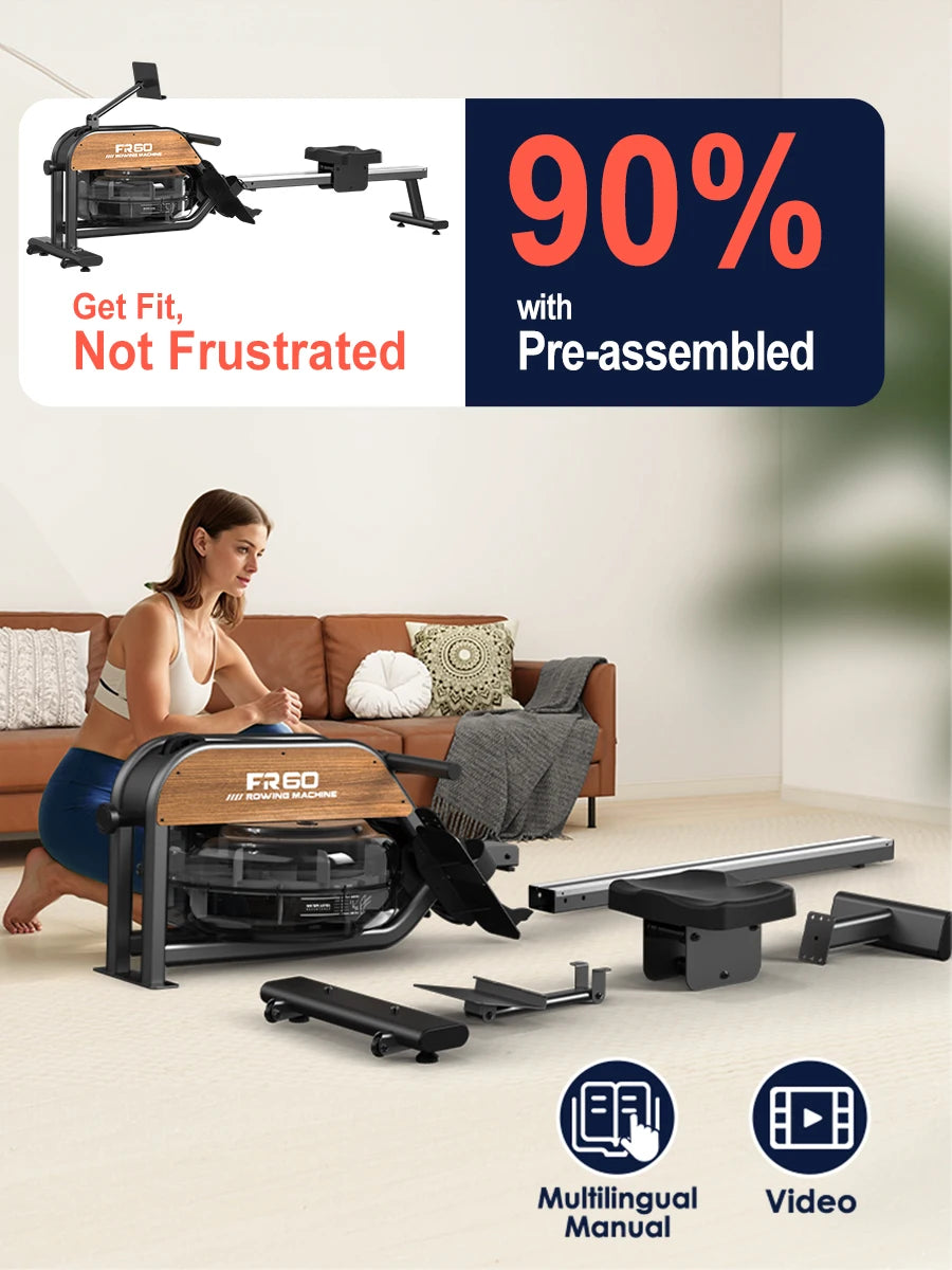 Fysiq Home Rowing Machine, Made of High-Quality Wood, 28L Extra-Large Water Tank, 50% Increased Resistance, Bluetooth Display, Maximum User Height 200cm