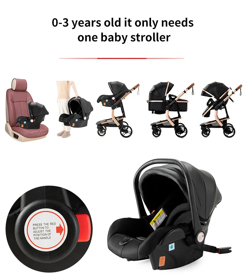 Lightweight Baby Stroller 3 in 1 Stroller PU Leather Stroller for Newborn Baby Car Seat Portable Baby Cart Pram High Landscape