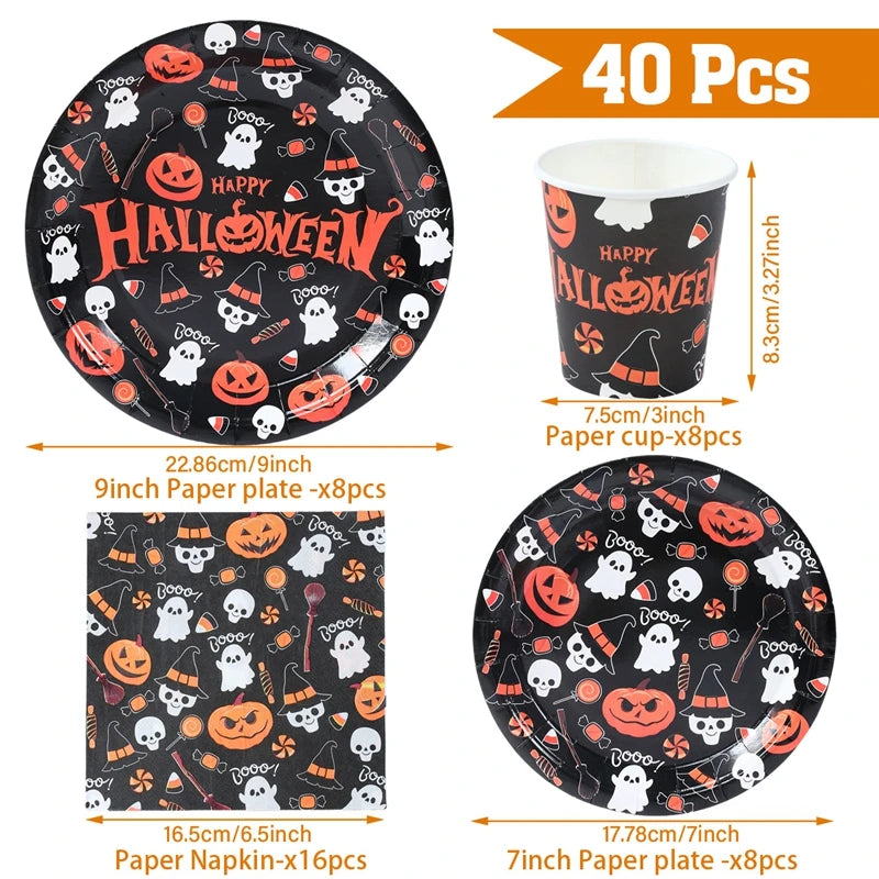 Halloween Disposable Tableware Halloween Party Decoration Spooky Pumpkin Paper Plates Napkins Cups Trick or Treat Party Supplies