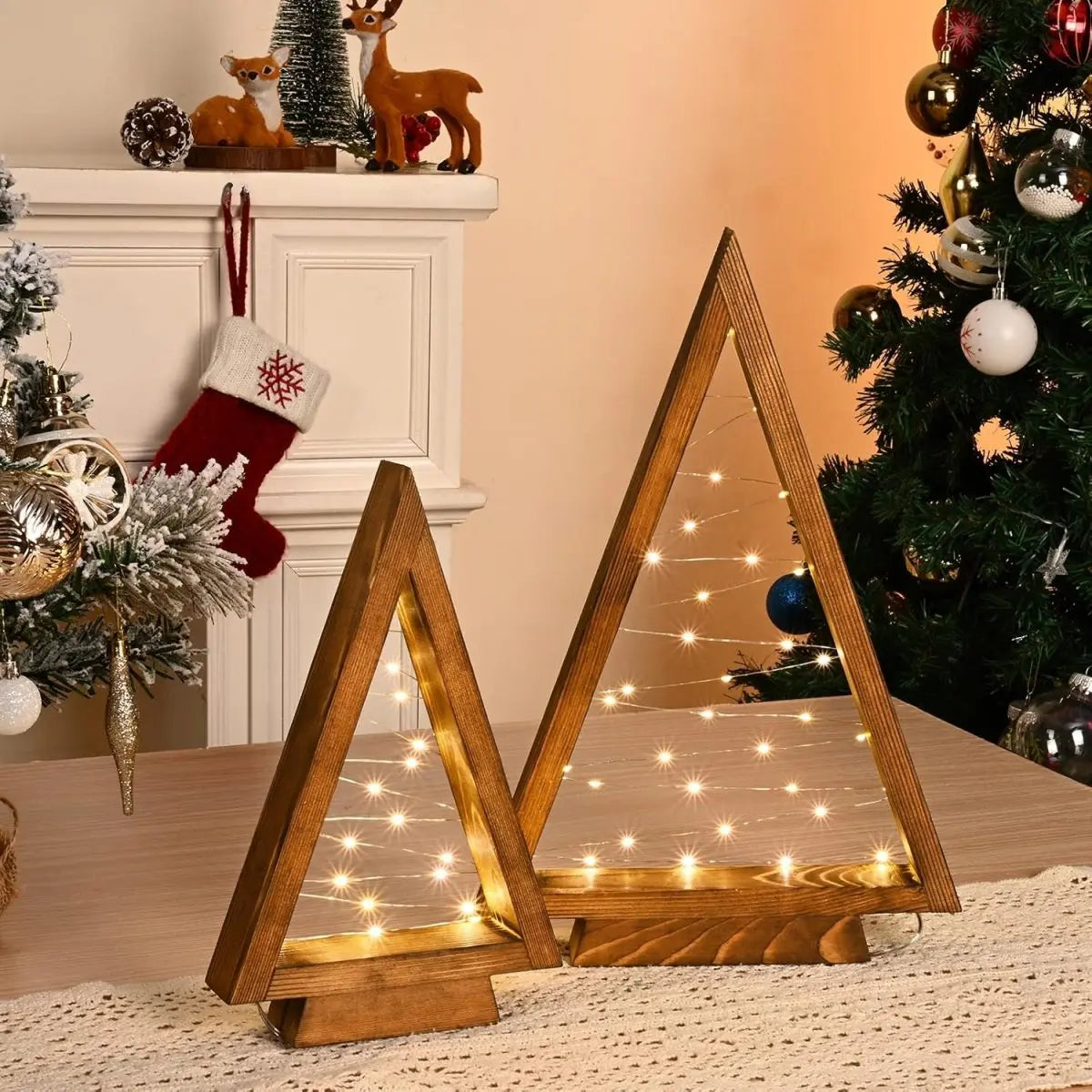 2Pcs/Set Wood Christmas Tree with Lights Modern Farmhouse Christmas Wooden Tree Centerpieces For Tables Christmas Holiday Decor
