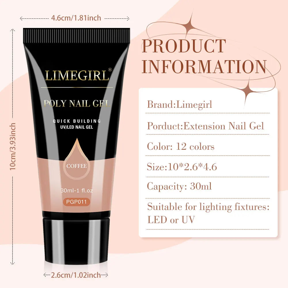 LIMEGIRL 30ml Nail Extension Gel Glitter Soak Off Nail Acrylic Crystal Build Poly UV Gel for Nails Quick Extension Manicure Glue