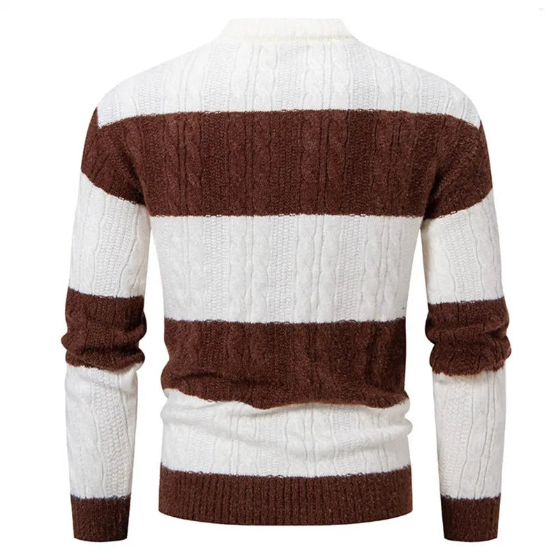 New Patchwork Mock Neck Knitting Sweater Men Fashion Striped Casual Knitted Pullovers Mens Autumn Winter Comfortable Knitwear