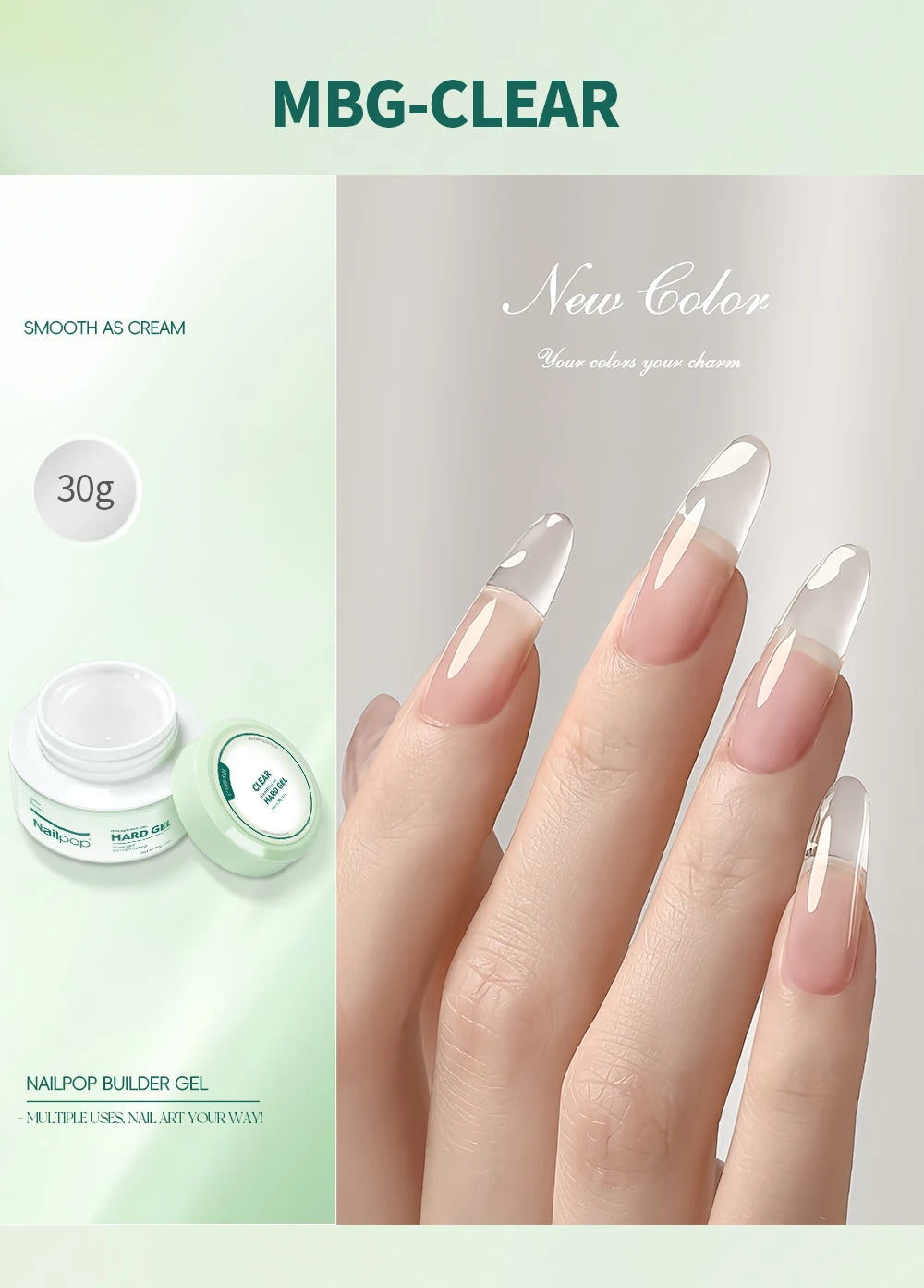 Nailpop HEMA-FREE Builder Gel 30g for Nail Extension Milky Smooth Clear/Pink Long Lasting Quick Building Soak Off UV Nail Gel