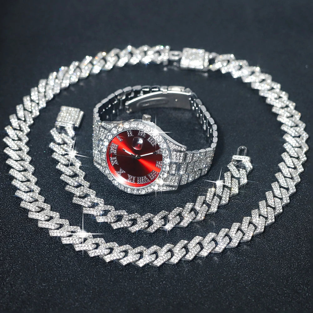 3pcs Men's Silver Watch Set Hip-hop Punk Inlay Diamond Watch+Cuban Chain+Bracelet Comes With Strap Adjuster Stylish Jewelry Gift