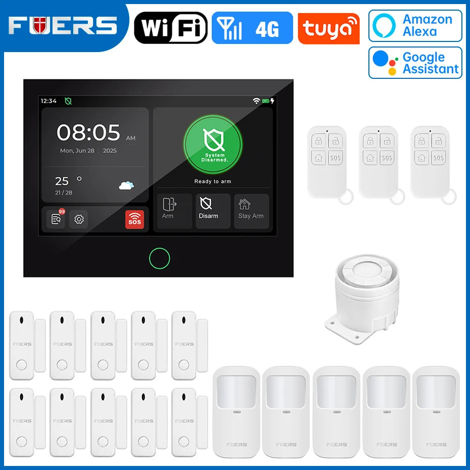 FUERS 7 Inch TFT Screen 4G Tuya Smart Home Security Alarm System G70 GSM WiFi Wireless Home Burglar Security Alarm System