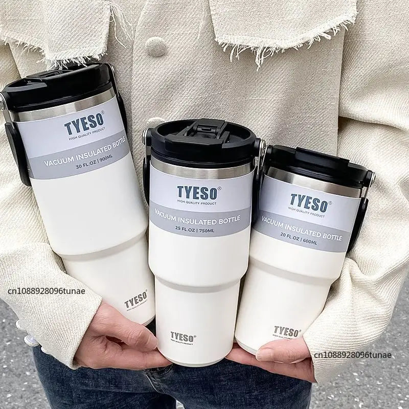 Tyeso 600/750/900ML Car Coffee Cup Thermo Bottle with Straw Portable Sport Insulated Vacuum Flask Travel Thermal Water Bottle