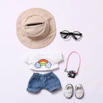 Plush Doll Clothes 17cm For Labubu Clothing Designer Rainbow White T Jeans Doll Clothes Set With Hat Glasses Toy Accessories
