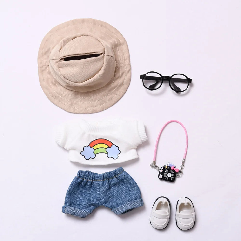 Plush Doll Clothes 17cm For Labubu Clothing Designer Rainbow White T Jeans Doll Clothes Set With Hat Glasses Toy Accessories