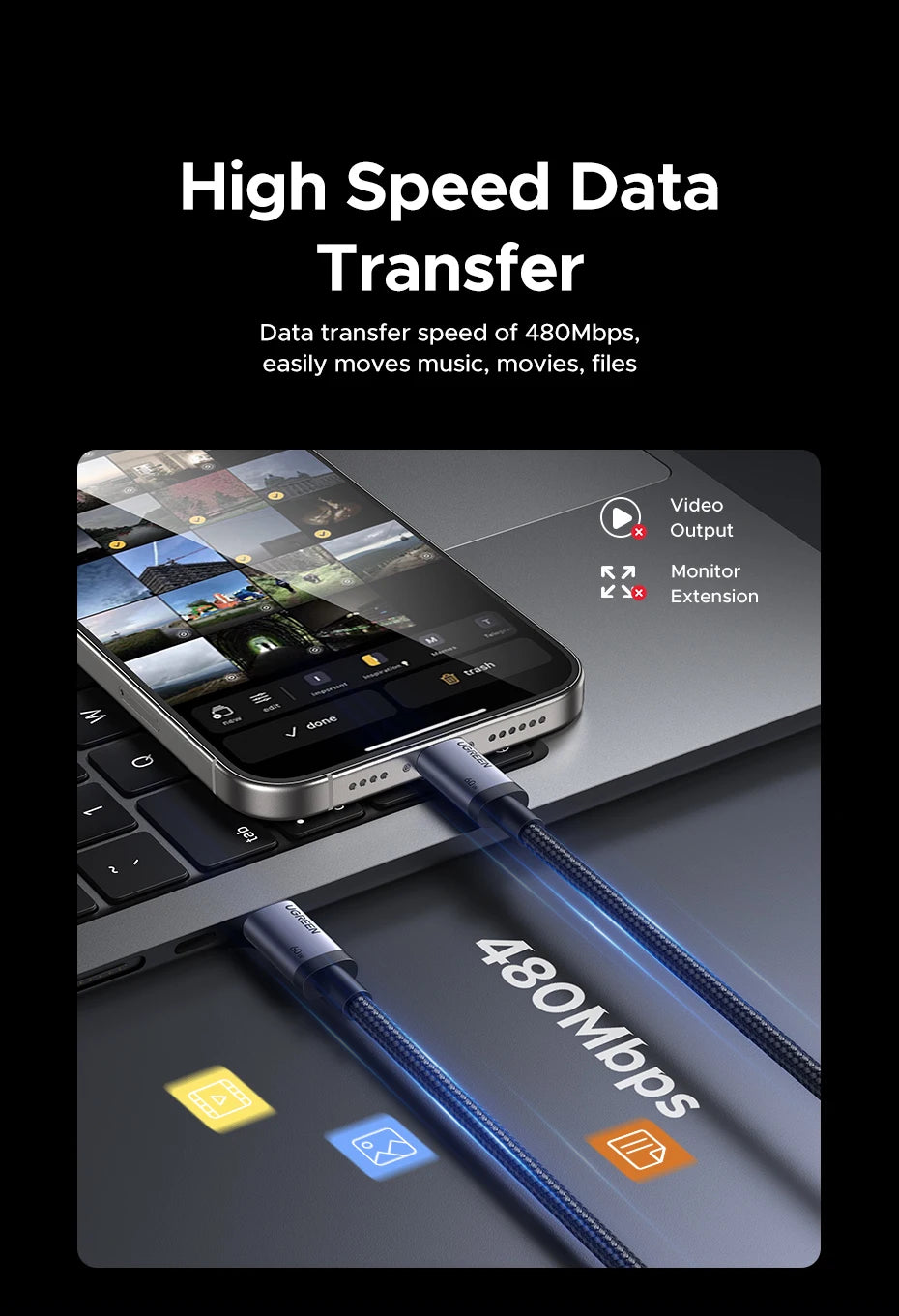 UGREEN PD60W Cable USB-C to USB-C High-Speed Data Sync And Charging Cable Durable Fast Charge Cable for USB-C Devices