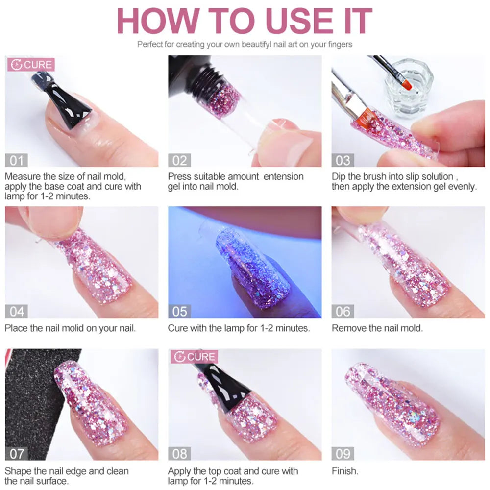 LIMEGIRL 30ml Nail Extension Gel Glitter Soak Off Nail Acrylic Crystal Build Poly UV Gel for Nails Quick Extension Manicure Glue