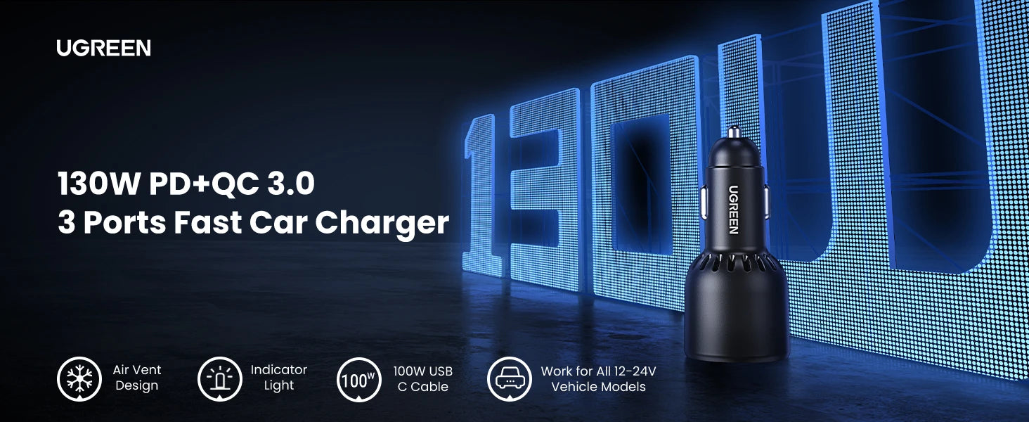 UGREEN 130W USB C Fast Car Charger with PD Cable for For Xiaomi iPhone 17 Samsung Galaxy S25 Laptops Fast USB C Car  Charger QC4