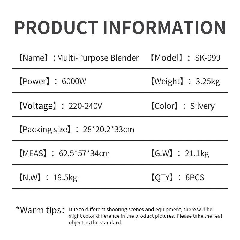 6000W Heavy Duty Commercial Blender Food Processor Stationary Mixer Ice Smoothies for Kitchen High Power Juicer Blender BPA Free