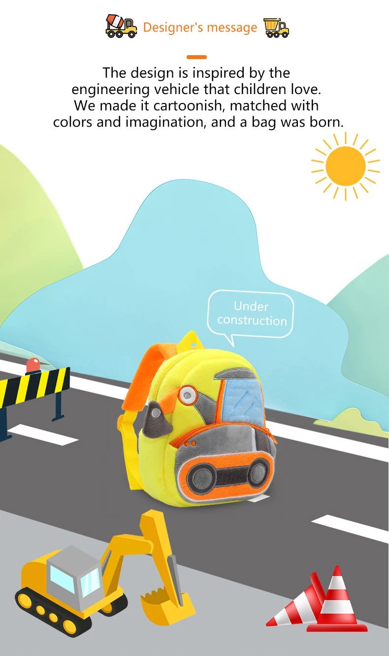 2-4 years old kids engineering backpack cartoon excavator backpack plush kids small school bag toy backpack