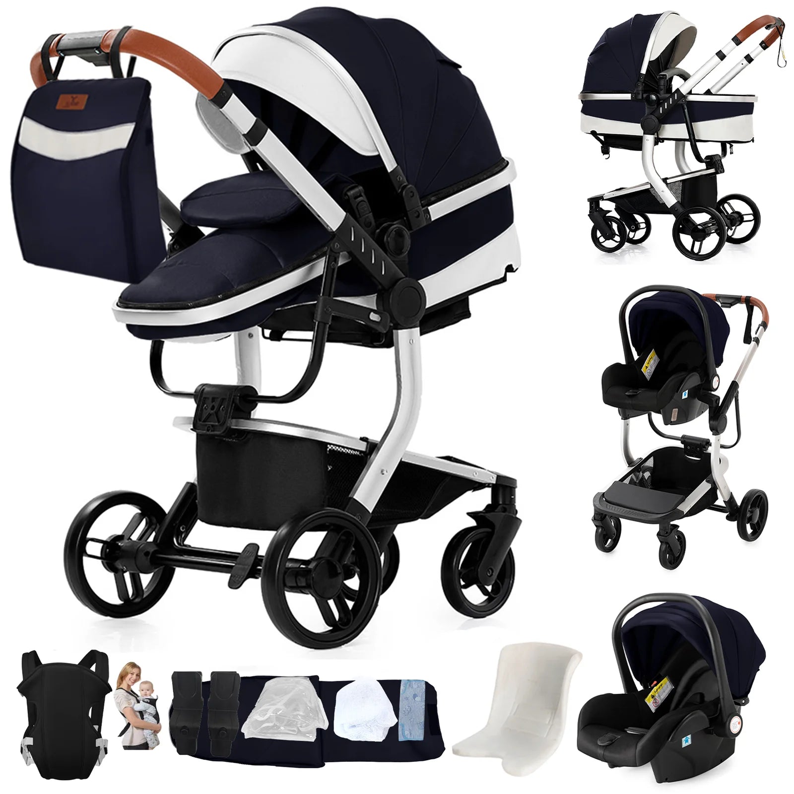 Ultimate 3-in-1 Lightweight Baby Stroller Travel System Convertible Pram & Carriage with PU Wheels for All-Terrain, Compact Fold