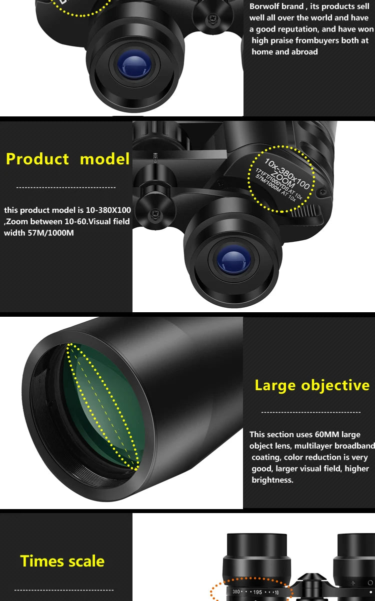 Borwolf 10-380X100  High Magnification Long Range Zoom 10-60 Times Hunting Telescope Binoculars  HD Professiona  Zoom
