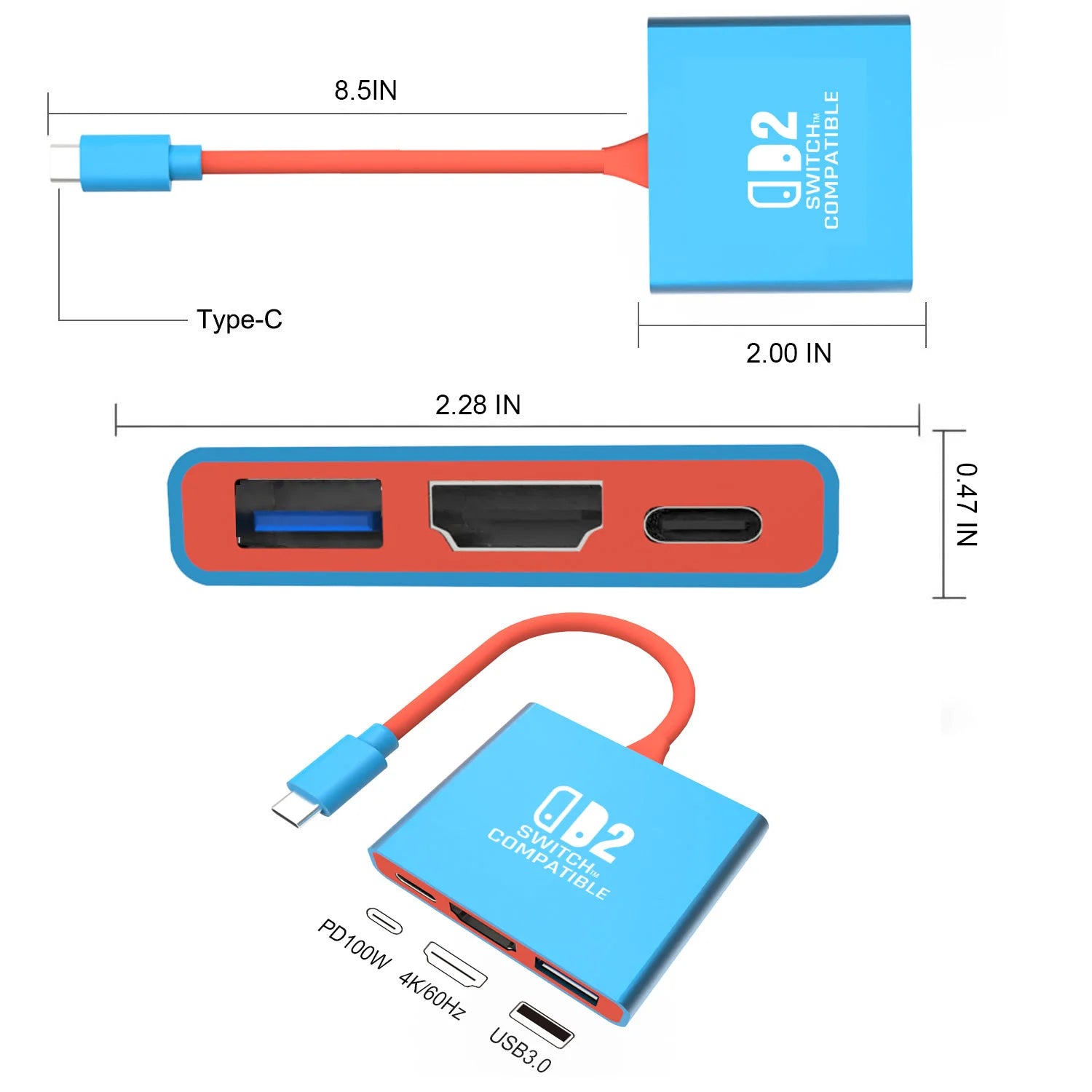 3-in-1 Portable Hub Adapter HYC-338 for Switch 2,Switch,Switch OLED with 4K,HDMI, USB 3.0 Ports.Supports 100W PD & Fast Charging