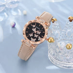 Women Watch Ring Necklace Earrings Bracelet Set Watches Butterfly Leather Strap Ladies Quartz WristWatch (No Box)